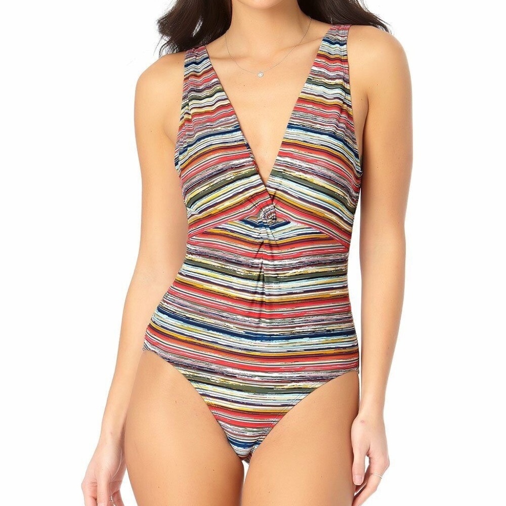Anne Cole Swimsuit Women's 10 One Piece Rainbow Stripe V Neck Twist Front New